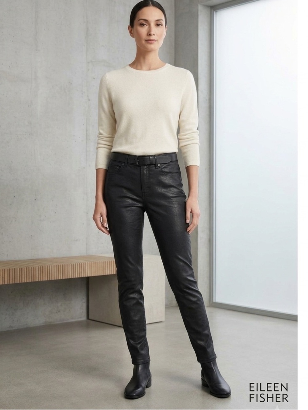 Eileen Fisher Black Organic Cotton Waxed Jeans straight Pants Size 10